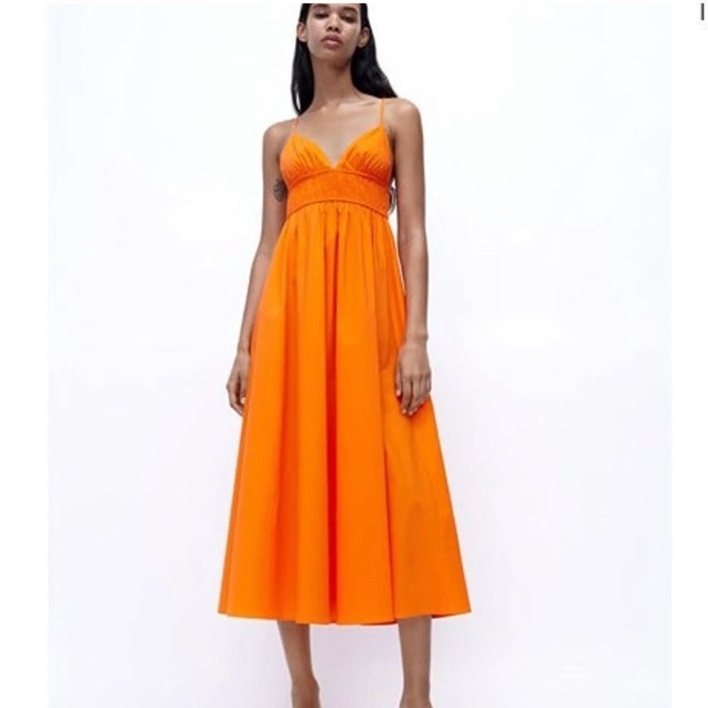 Zara Bright Orange Spaghetti Strap Midi Dress